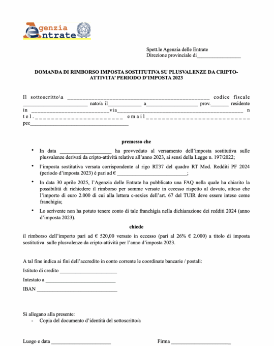 Modulo rimborso tasse crypto 2024