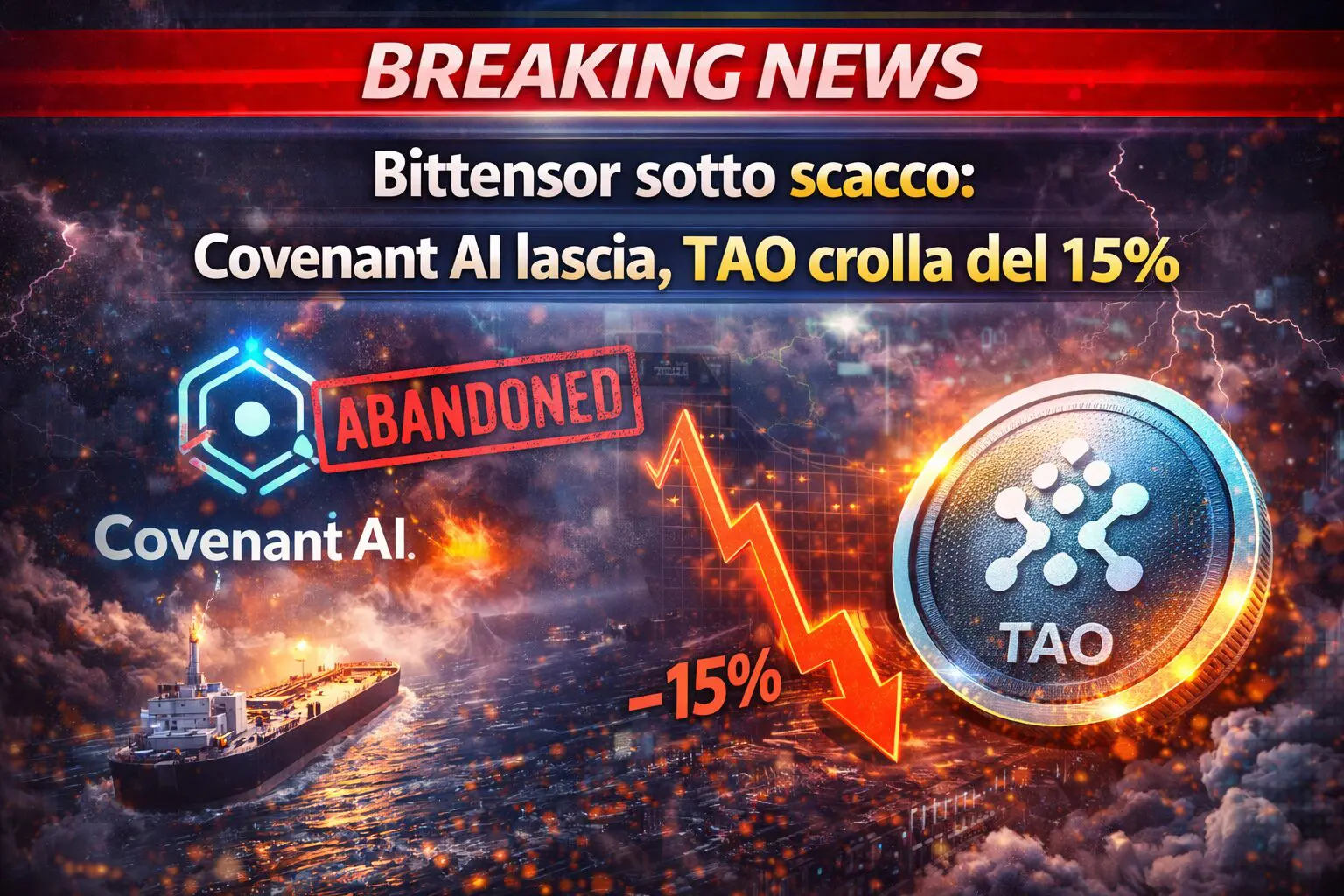 Bittensor sotto scacco: Covenant AI lascia, TAO crolla del 15%