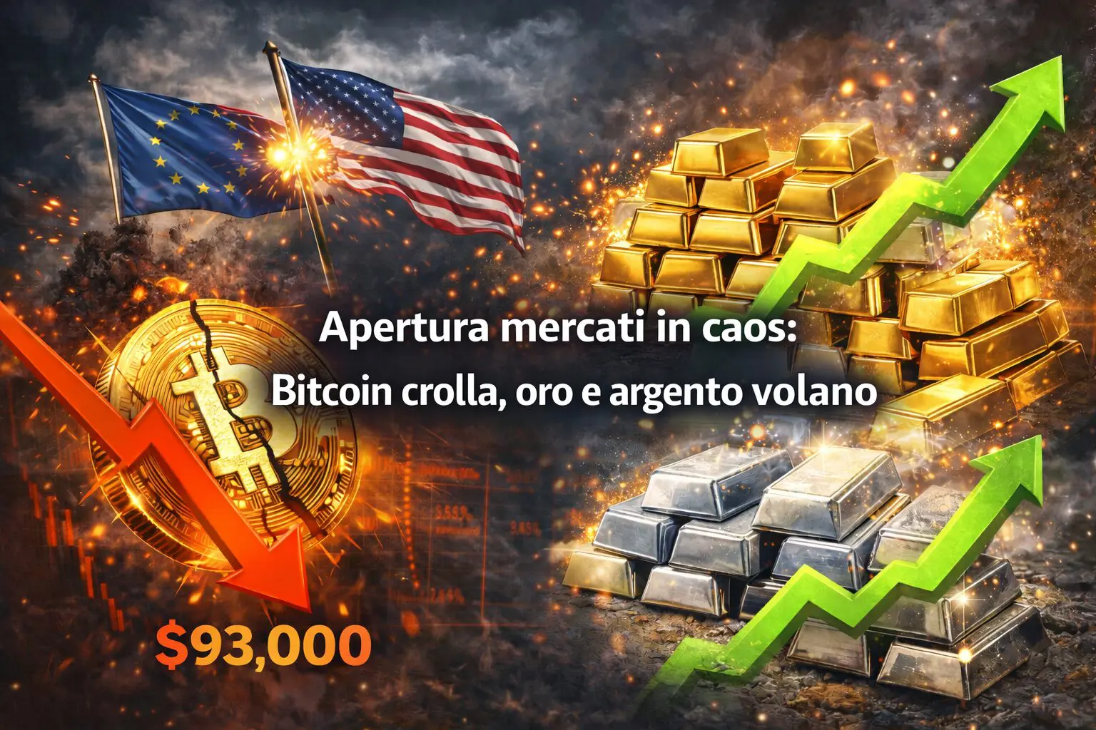 Apertura mercati in caos: Bitcoin crolla, oro e argento volano