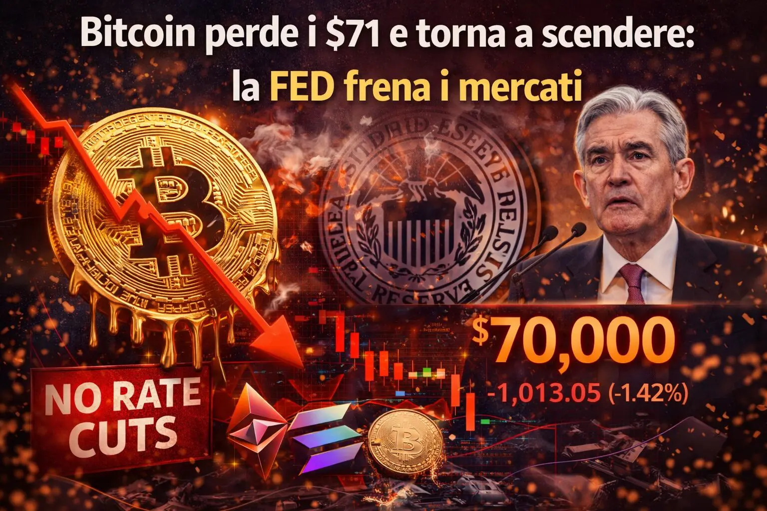Bitcoin perde i $71 e torna a scendere: la FED frena i mercati