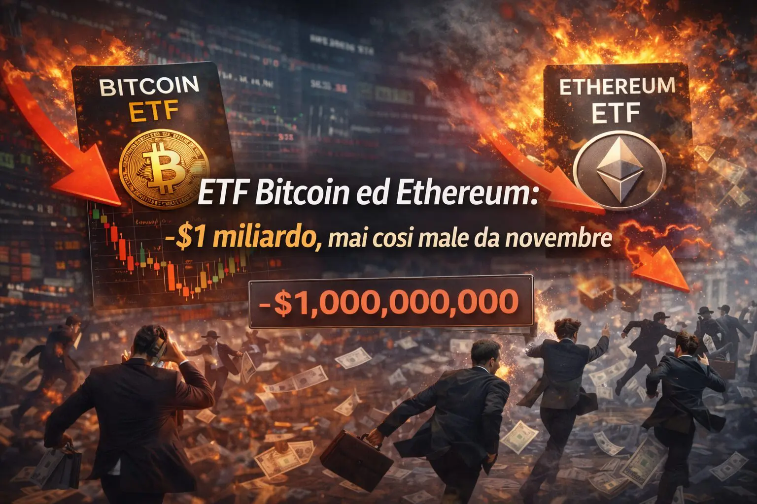 ETF Bitcoin ed Ethereum: -$1 miliardo, mai così male da novembre