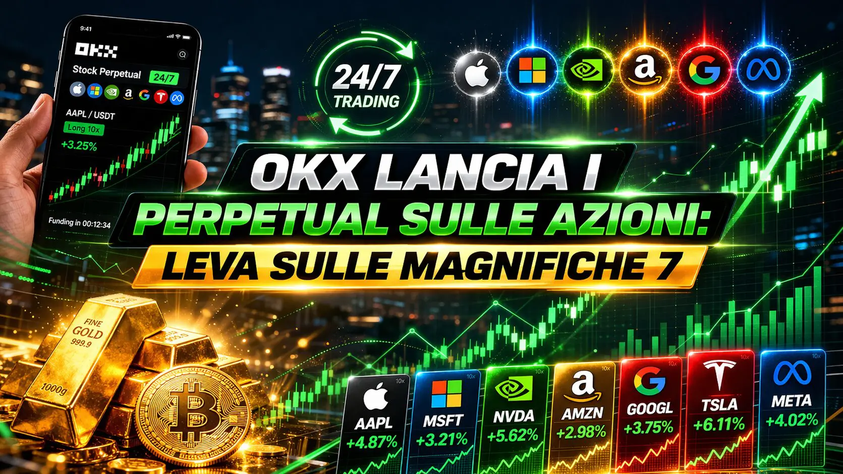 OKX lancia i perpetual sulle azioni: leva sulle Magnifiche 7
