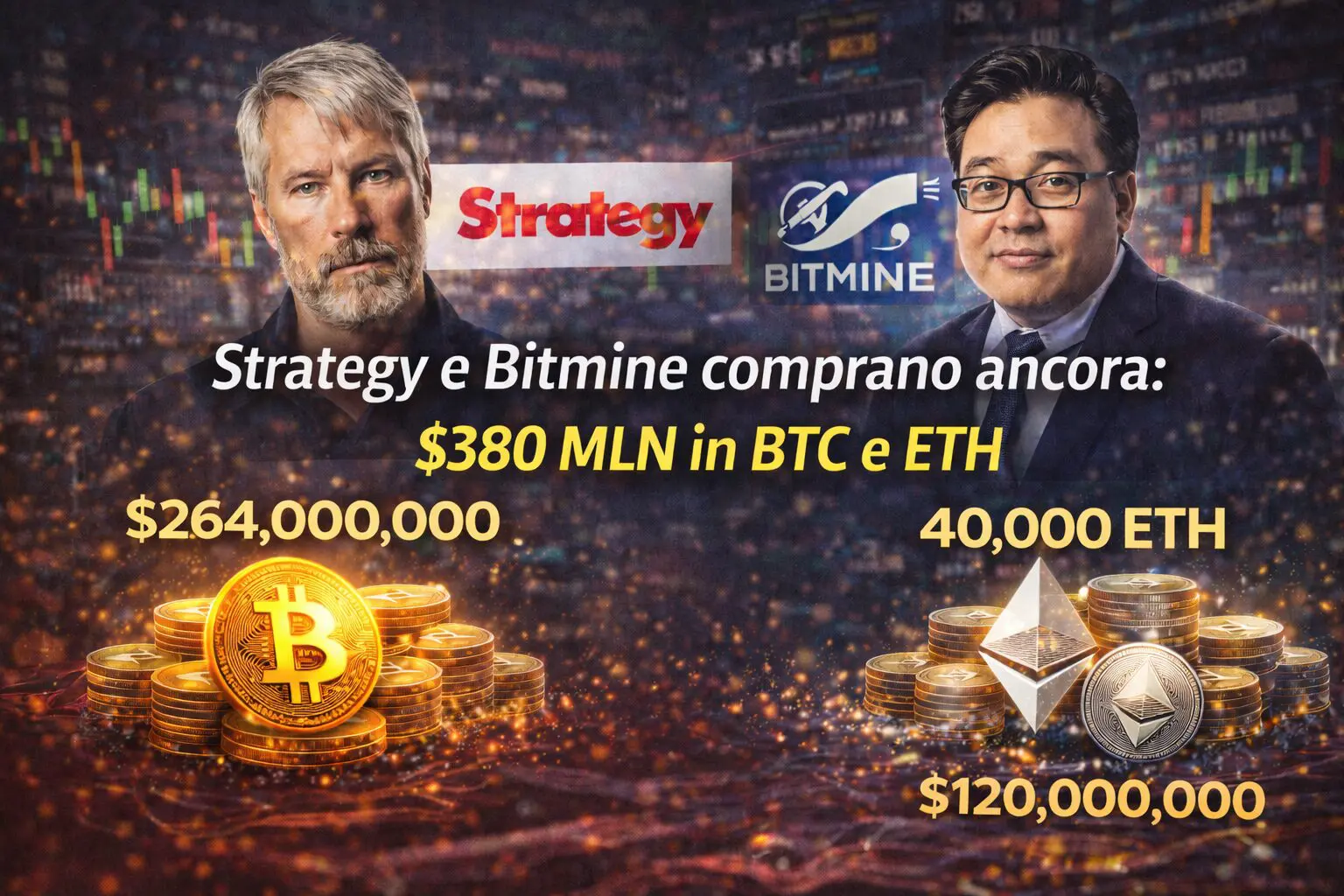 Strategy e BitMine comprano ancora: $380 MLN in BTC e ETH