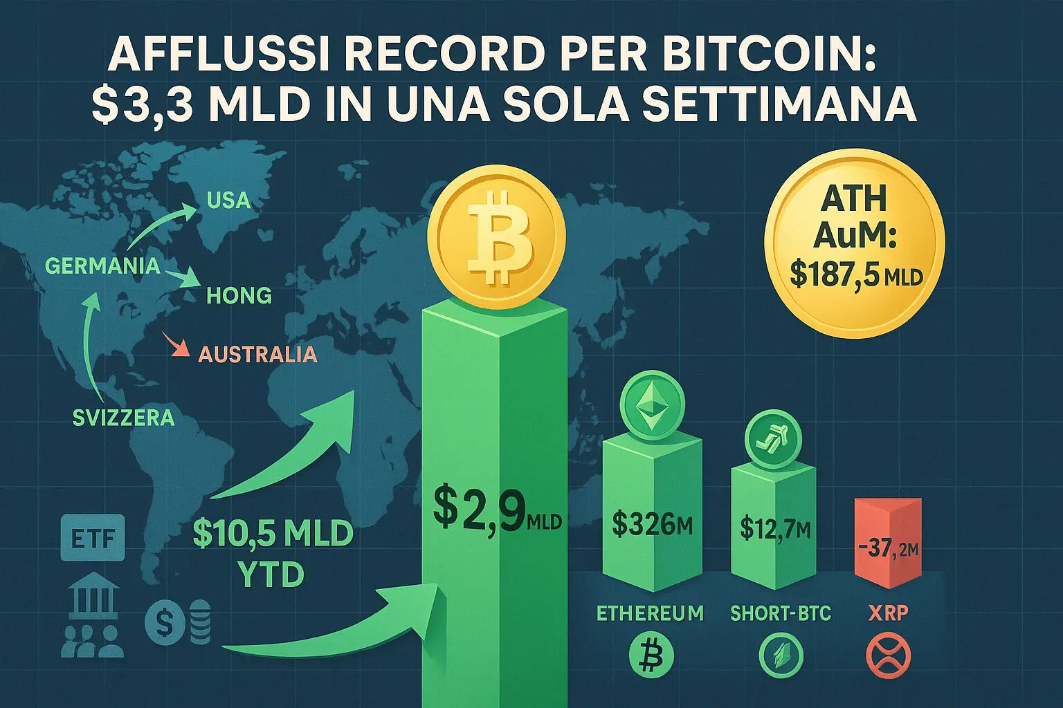 Investimenti crypto: $3,3 mld di inflow spingono Bitcoin