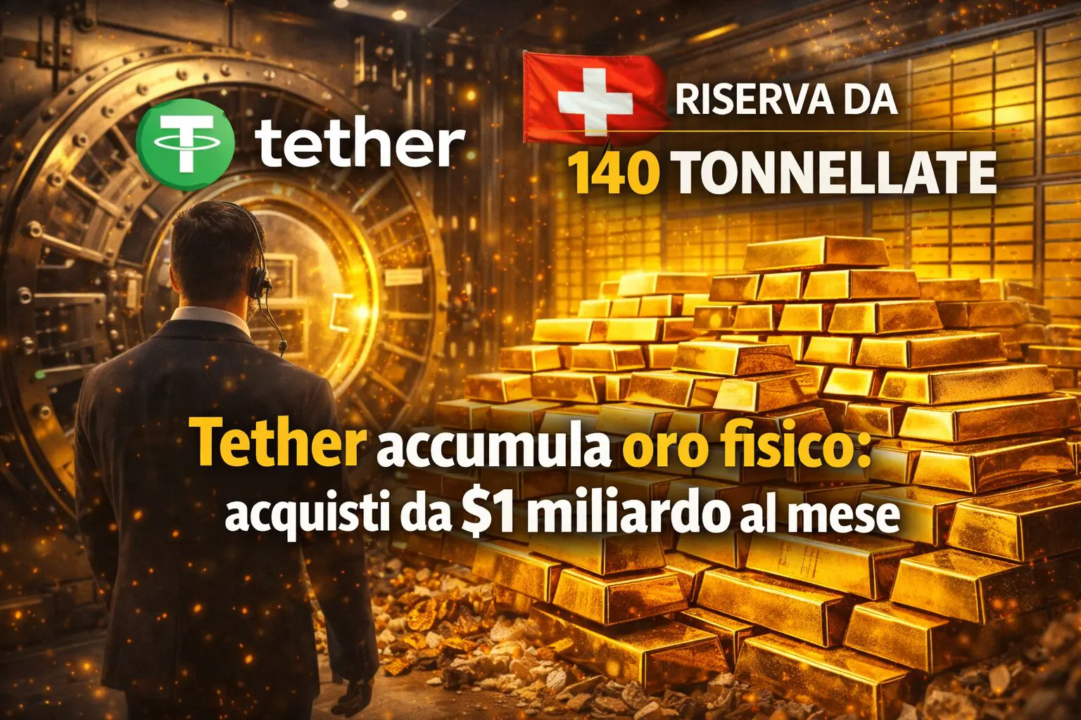 Tether accumula oro fisico: acquisti da $1 miliardo al mese