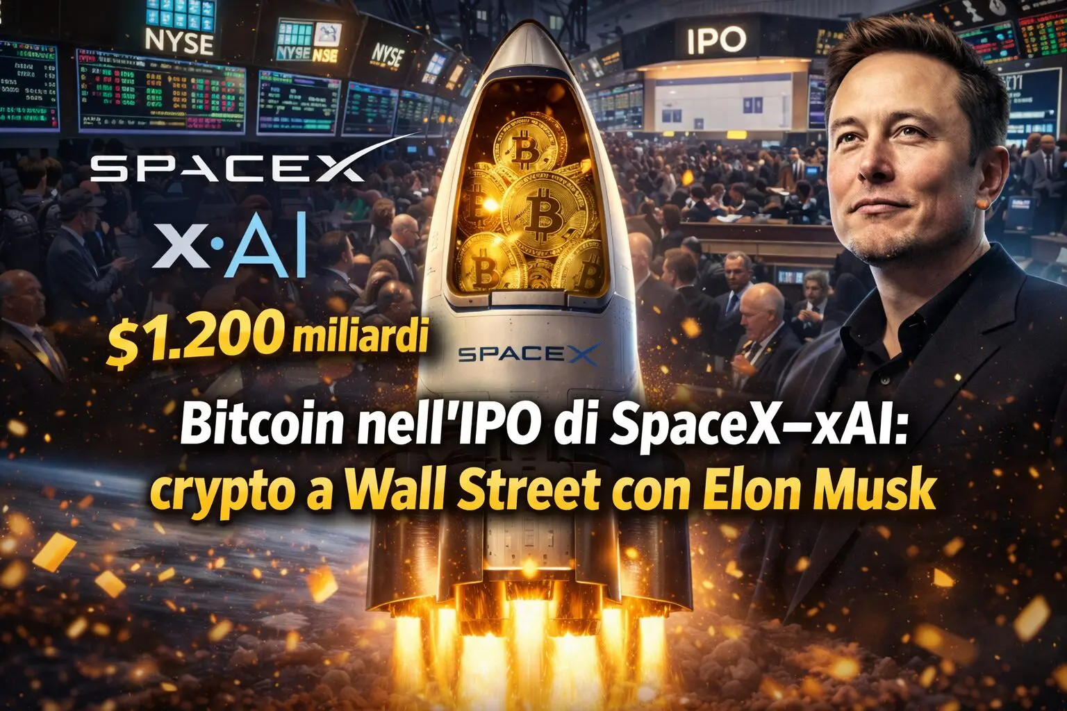 Bitcoin nell’IPO di SpaceX–xAI: crypto a Wall Street con Elon Musk