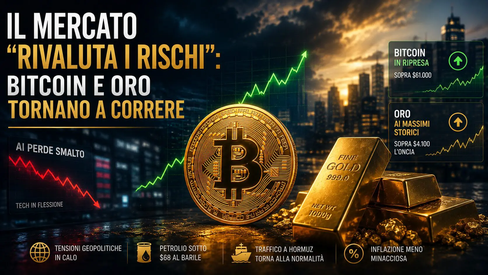 Il mercato “rivaluta i rischi”: Bitcoin e oro tornano a correre