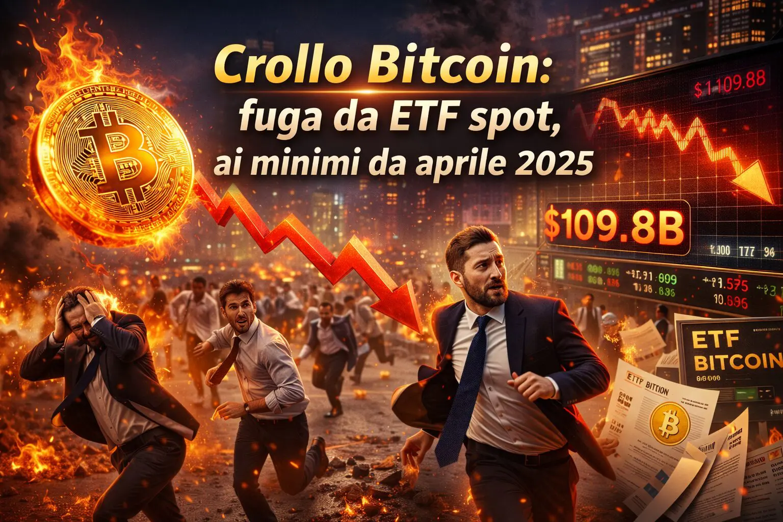 Crollo Bitcoin: fuga da ETF spot, ai minimi da aprile 2025