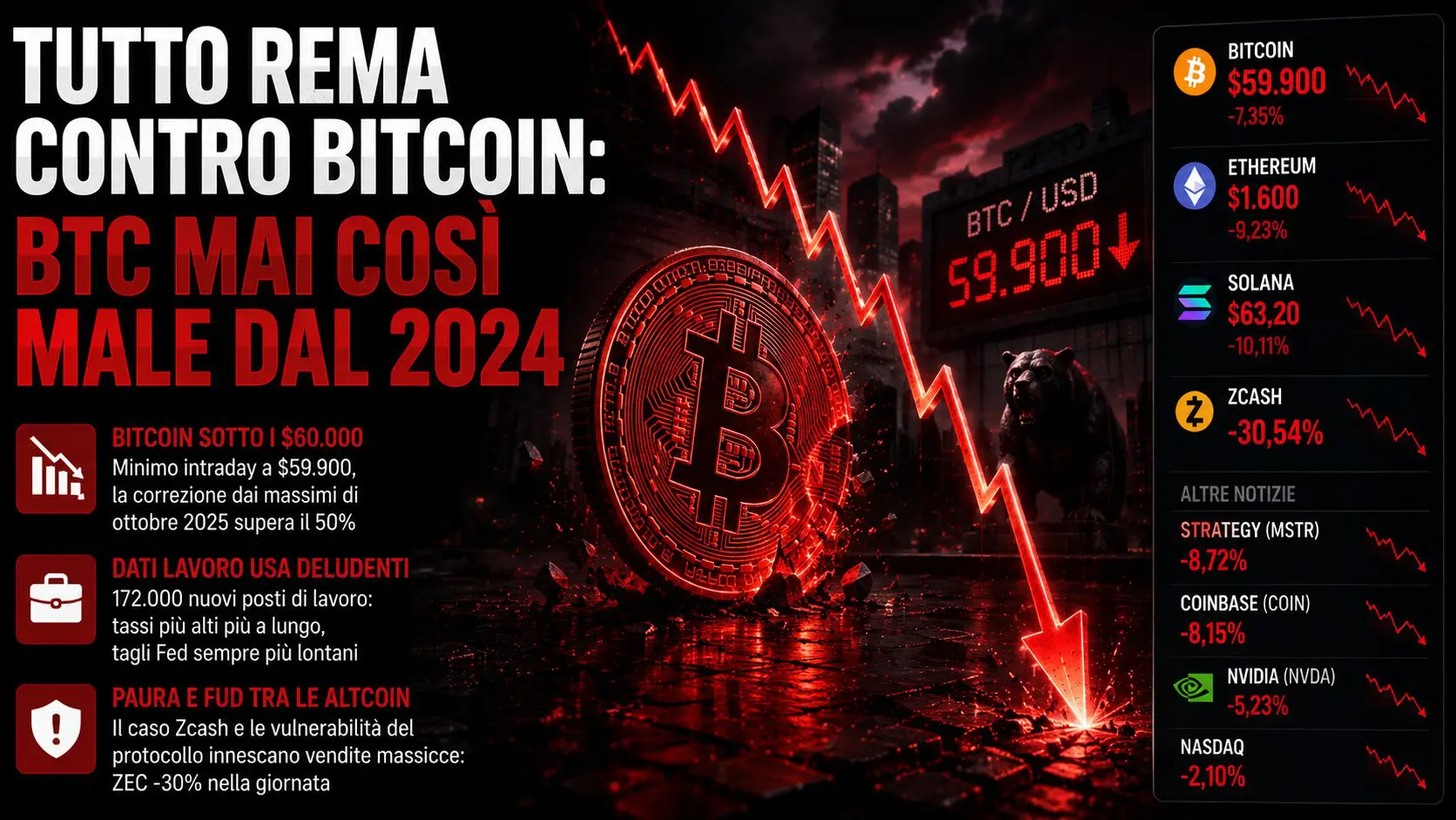 Tutto rema contro Bitcoin: BTC mai così male dal 2024