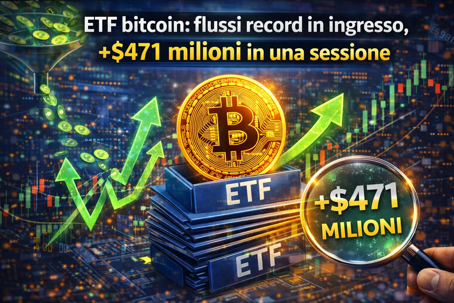 ETF bitcoin: flussi record in ingresso, +$471 milioni in una sessione