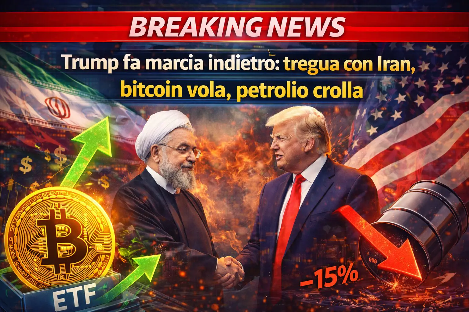 Trump fa marcia indietro: tregua con Iran, bitcoin vola, petrolio crolla