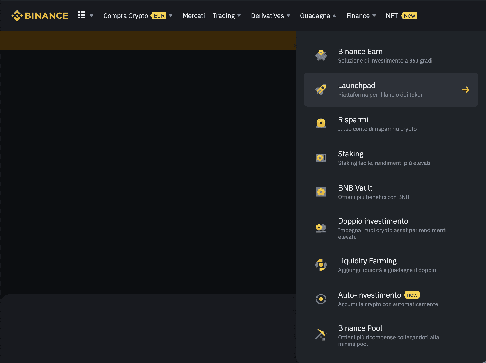 binance launchpad menu