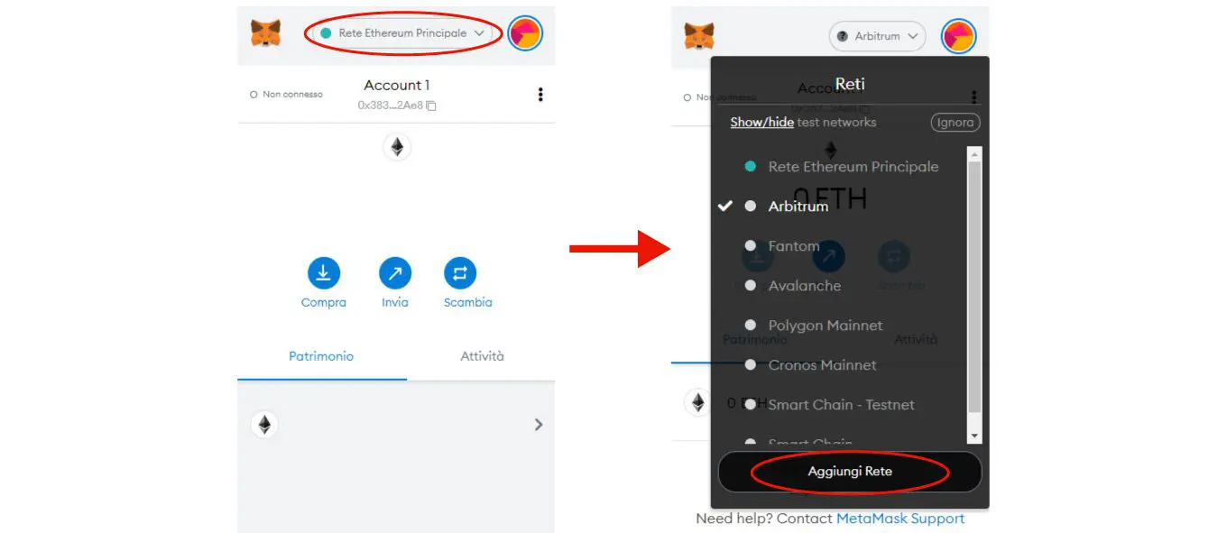 Aggiungere rete Metamask