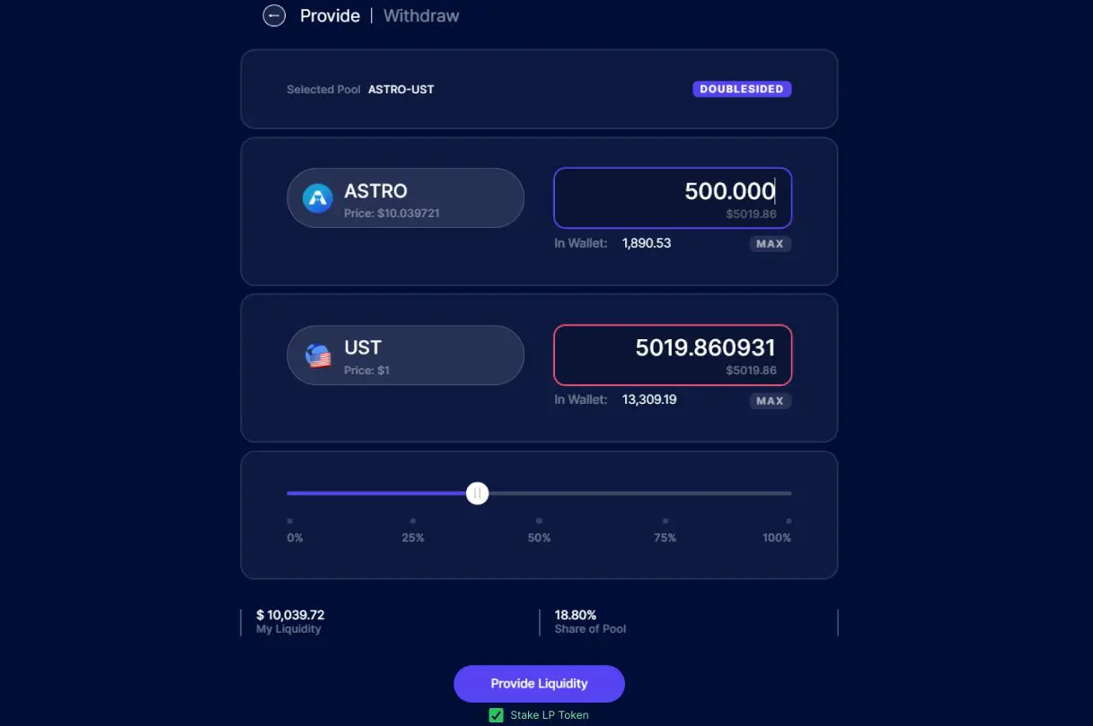 Depositare liquidità Astroport Terra blockchain