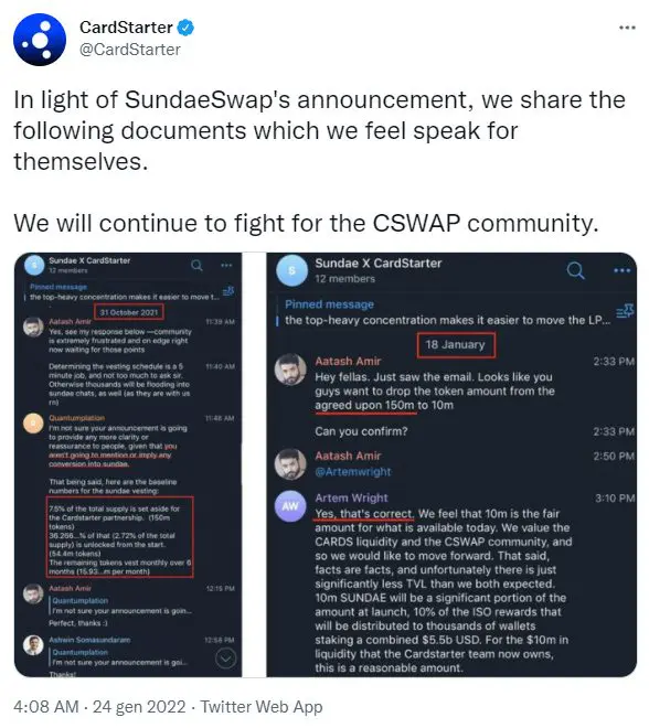 Tweets SundaeSwap e CardStarter