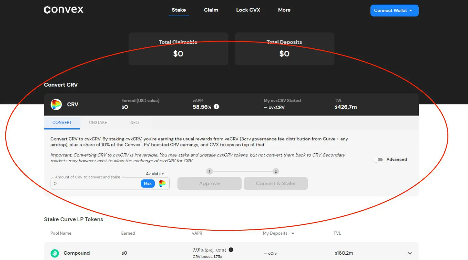 Stake di token CRV su Convex