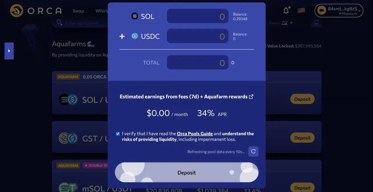 Depositare liquidità su Orca Solana
