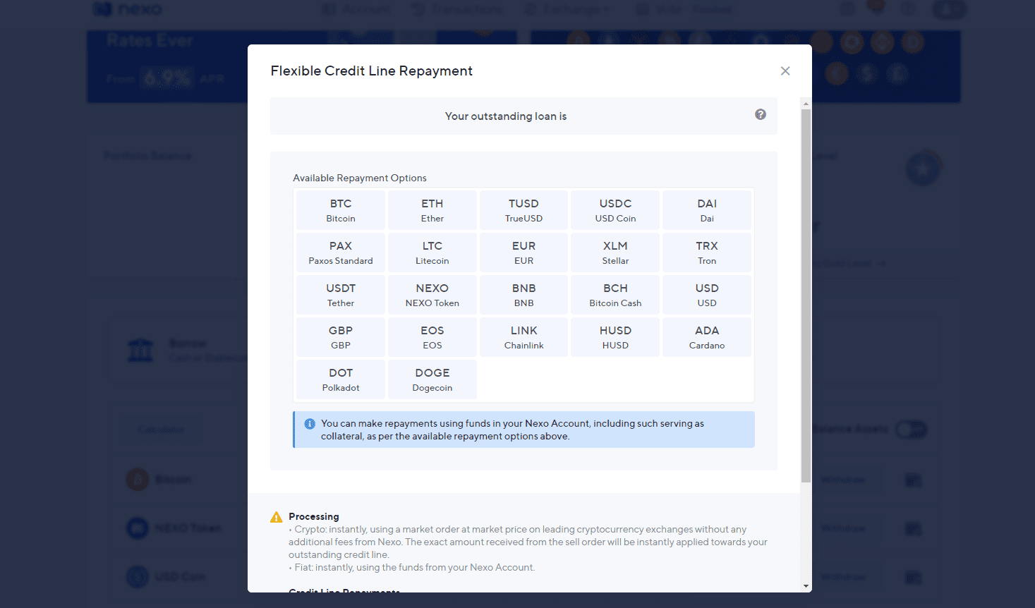 Ripagare un prestito su Nexo