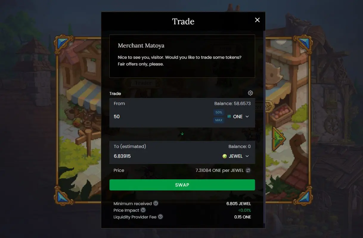 Swap criptovalute DeFi Kingdoms
