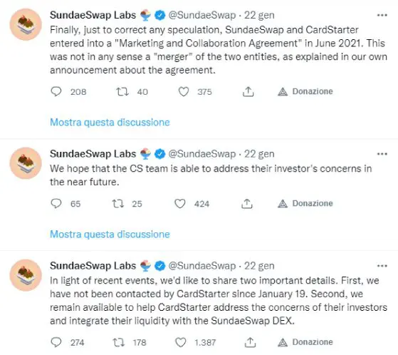 Tweet SundaeSwap e CardStarter