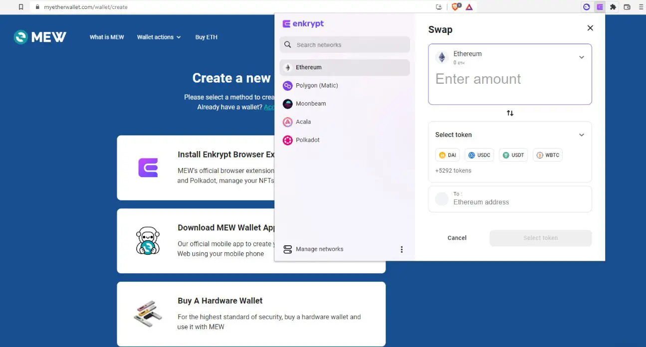Swap di coin e token da wallet Enkrypt