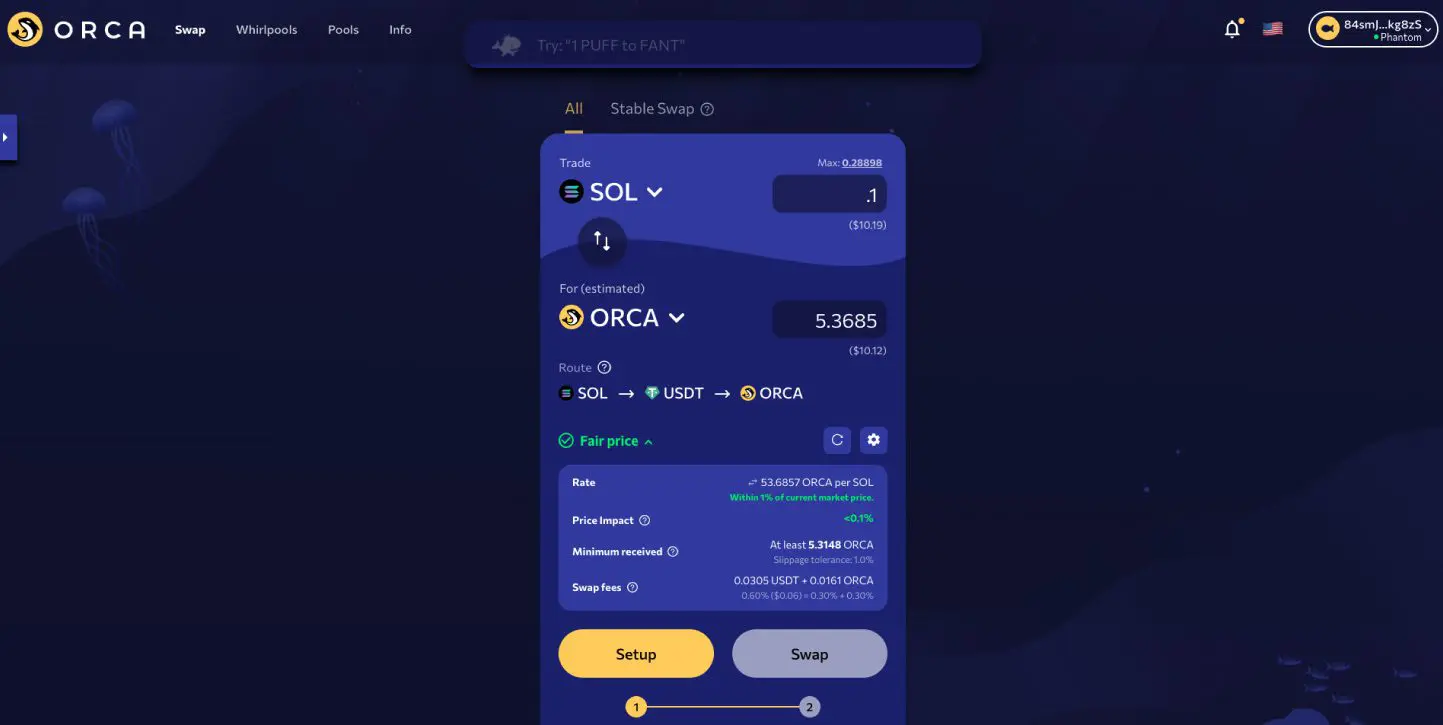 Swap di token e coin su Orca