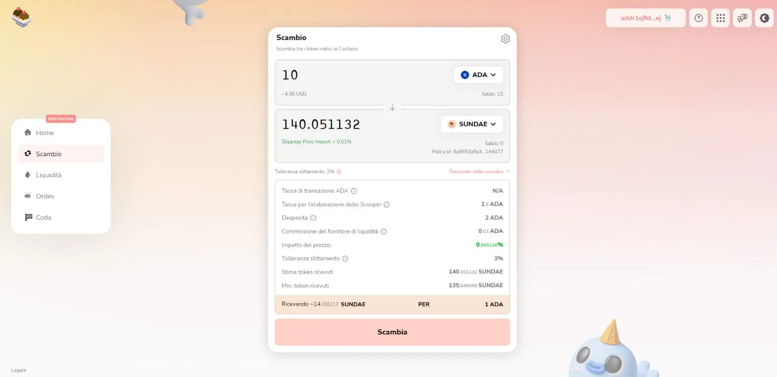 Swap di token e coin su SundaeSwap