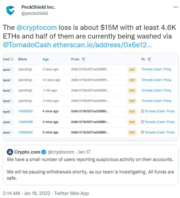 Tweet PeckShield Crypto.com