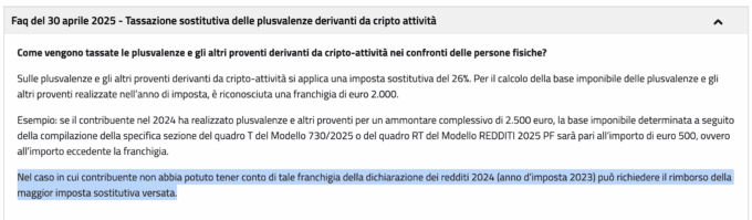 Tasse crypto: rimborso 2024