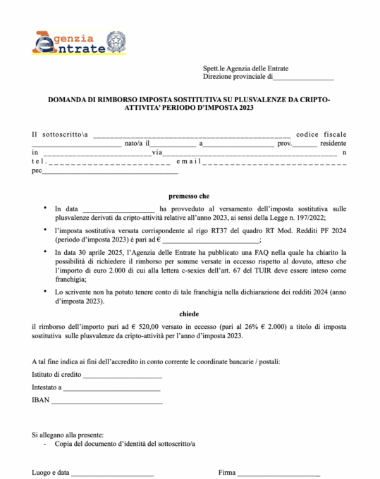 Modulo rimborso tasse crypto 2024