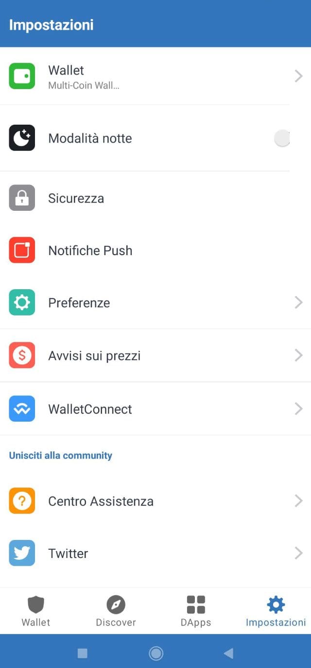 Impostazioni: personalizza il tuo wallet