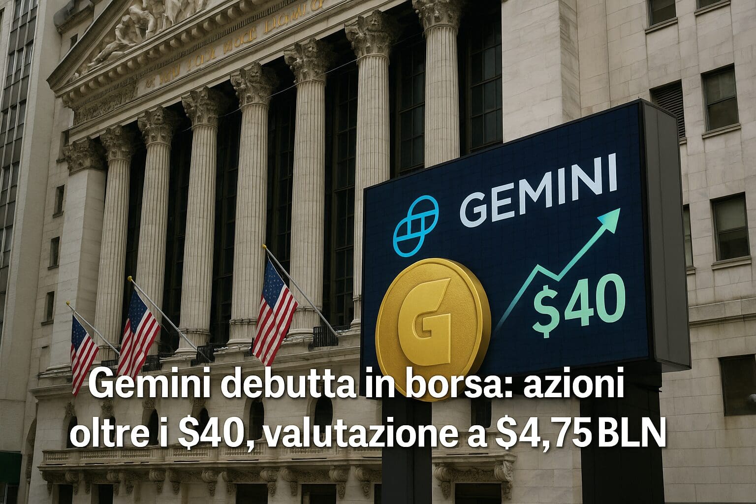 Gemini debutta in borsa: azioni oltre i $40, valutazione a $4.75BLN