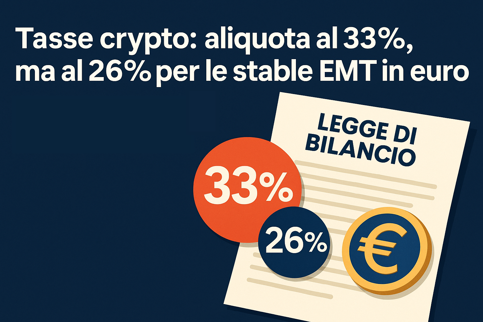 Tasse crypto: aliquota al 33%, ma al 26% per le stable EMT in euro