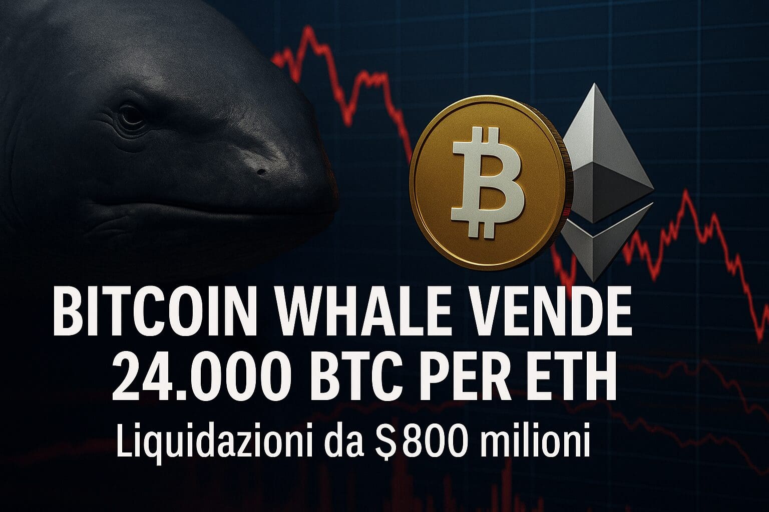 Bitcoin Whale vende 24.000 BTC per ETH: liquidazioni da $800M