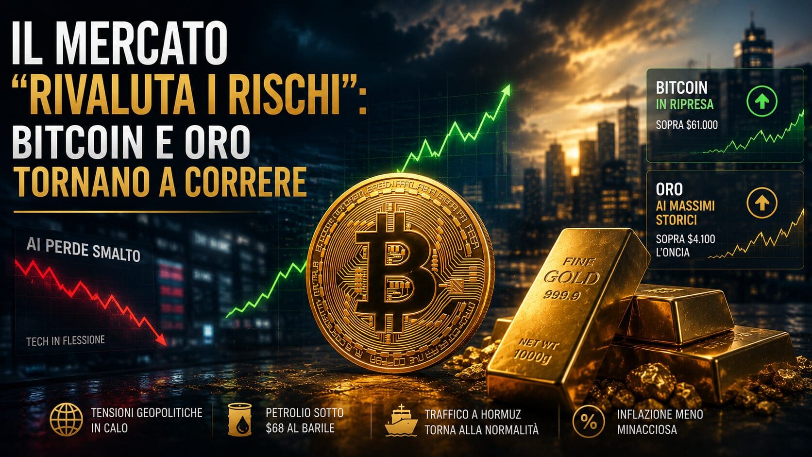 Il mercato “rivaluta i rischi”: Bitcoin e oro tornano a correre