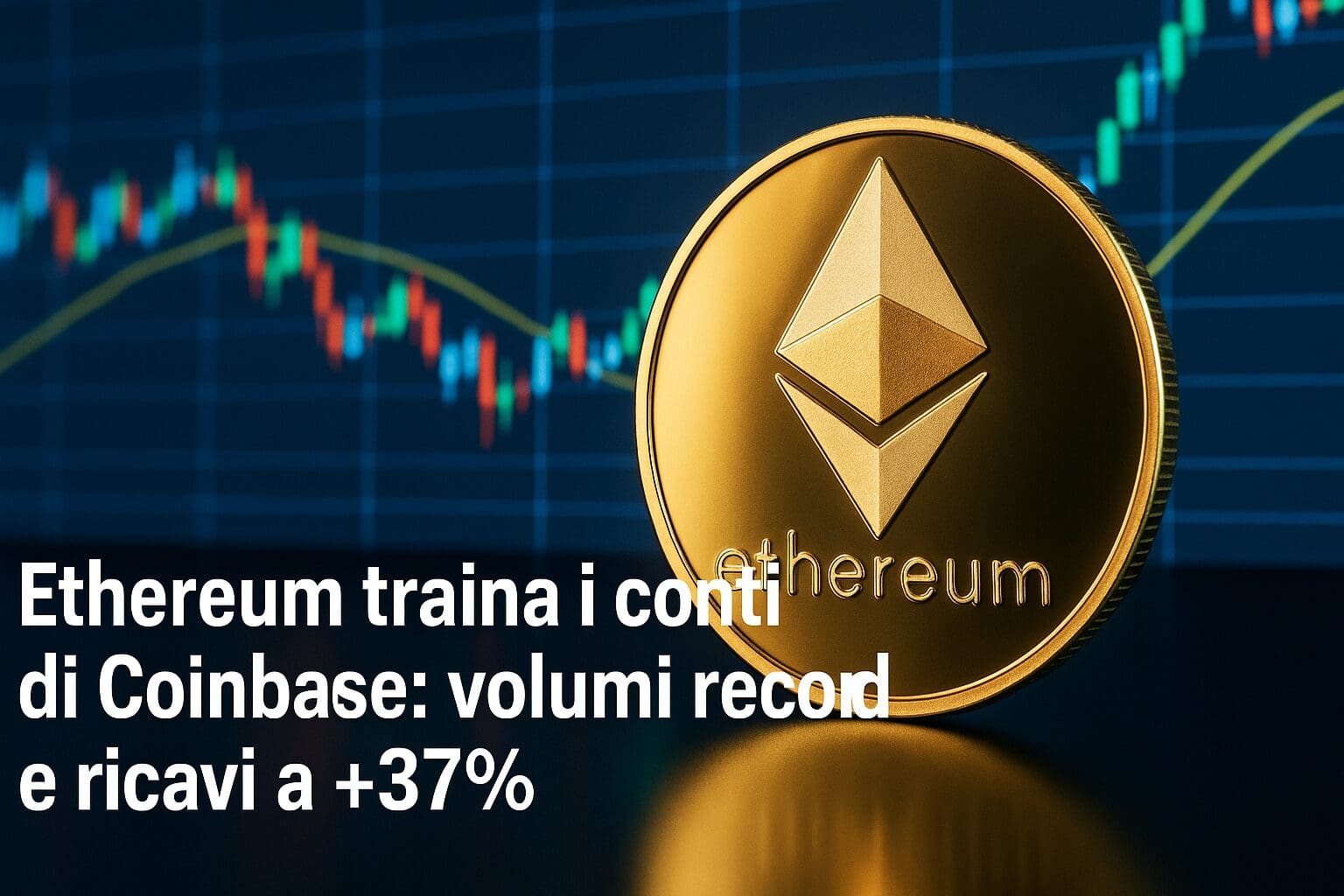 Ethereum traina i conti di Coinbase: volumi record e ricavi a +37%