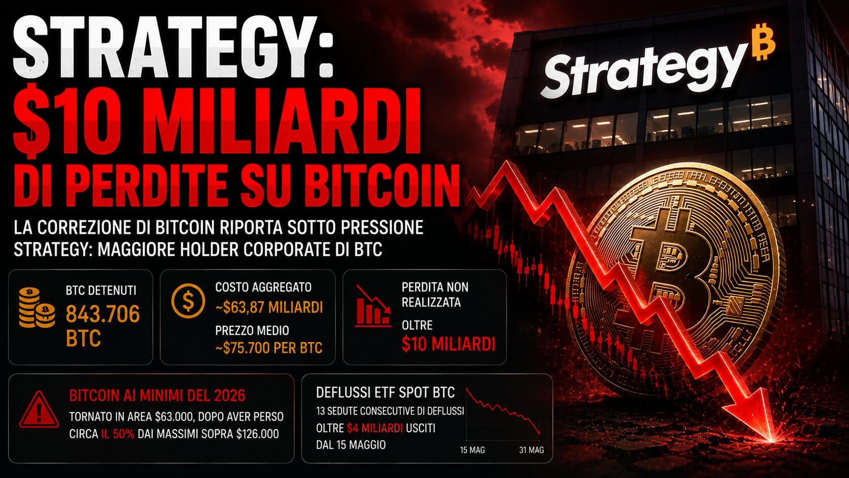 Strategy: $10 miliardi di perdite su Bitcoin