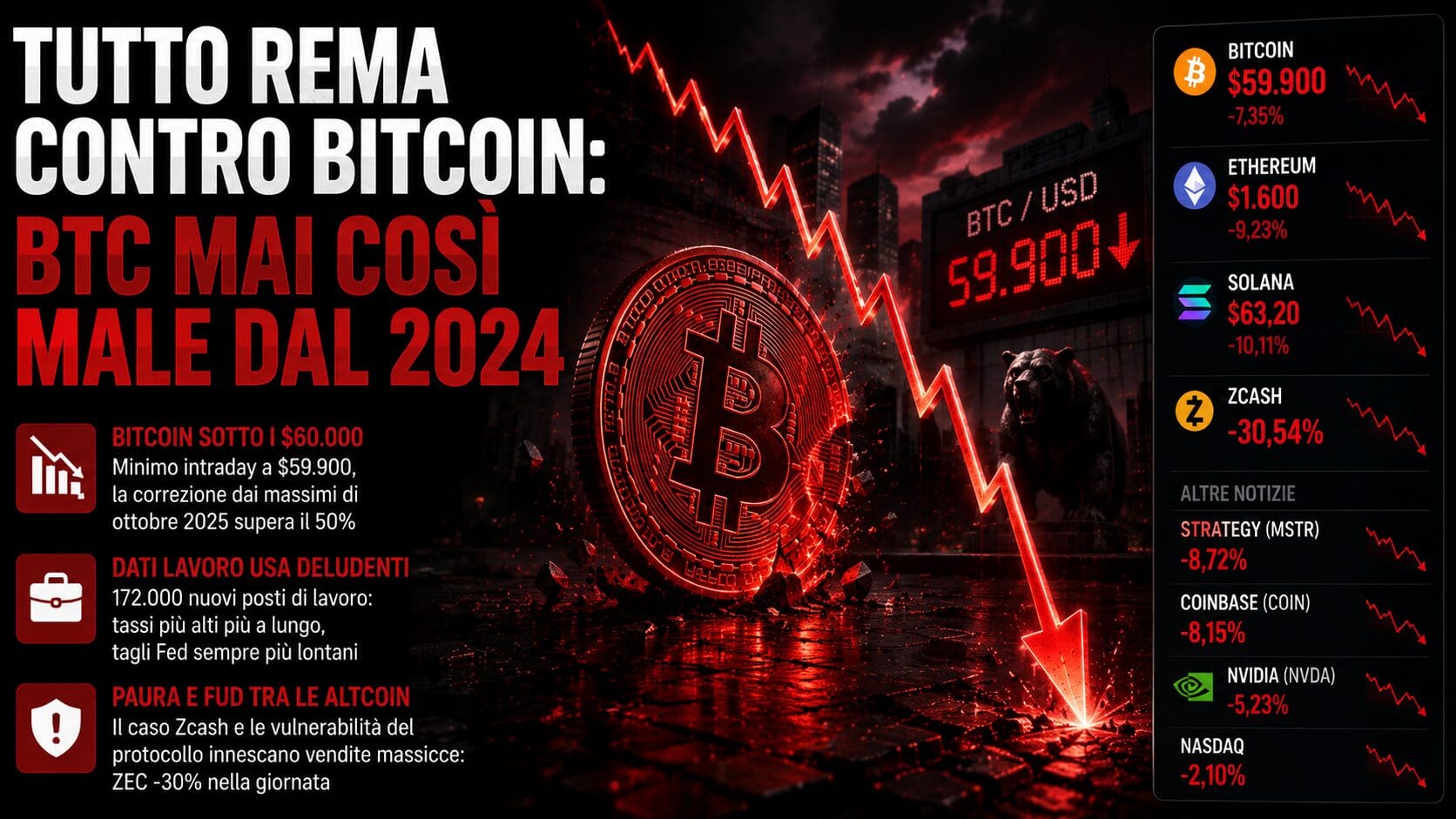 Tutto rema contro Bitcoin: BTC mai così male dal 2024