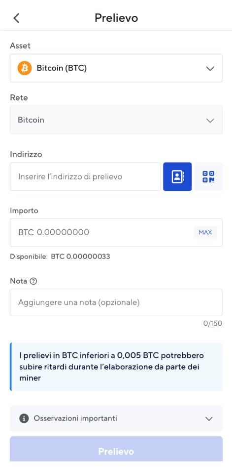 Prelievo di criptovalute su NEXO