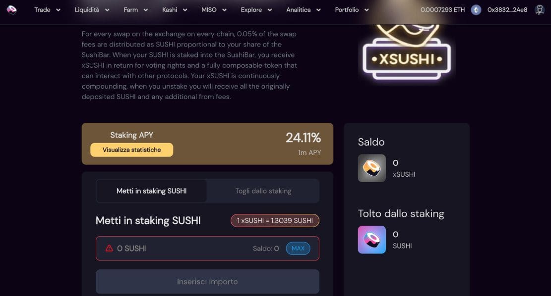 Sushi Bar: stake di token SUSHI
